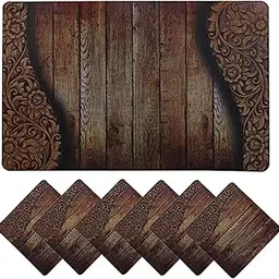 Kuber Industries Wooden Design PVC 6 Piece Dining Table Placemat Set with Tea Coasters - Brown-picture-51