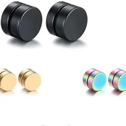 Unisex Magnetic Golden Rhodium Black Plated Stainless Steel Non Piercing Stud Earring for Boys Girls Men and Women Combo Pack of 3-image-8