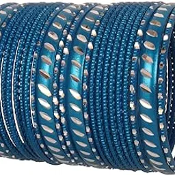 NEW! Touchstone Indian Bollywood Fashion Trend Handcrafted Exotic Cut Metal Grain Work Textured Blue Color Wrist Beautifier Designer Jewelry Bracelets Bangle. Set Of 24. For Women-picture-43