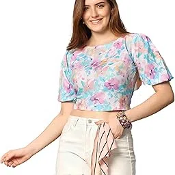 Women's Crop Floral Regular Fit Top with Cap Sleeves for Office Wear, Casual Wear Both Use to Western Top & Saree for Blouse-image-19