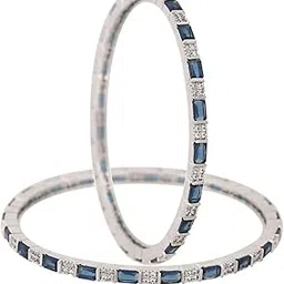 Silver Plated American Diamond Blue Sleek Stylish Chudi Bangles set for Women-image-38