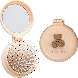 KOOSHLO Portable Mini Hair Brush with Mirror, Cute Bear Design, Round Compact Detangling Comb, Hair Comb Foldable Travel Mirror Hair Brushes Round Folding Pocket mirror (Beige)-picture-13