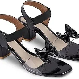 4T4 Fashions Women's Block Heel Sandals — 6cm Heel Open Toe Dress Sandals with Elastic Strap — Comfortable Heeled Sandals — Black-picture-30