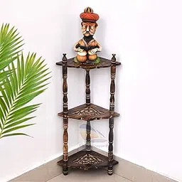 Hubwooden Handcrafted Wooden Corner Wall Shelf, 3-Tier Display Stand with Traditional Musician Figurine, Brown-image-80