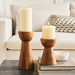Kraftyhome Wooden Candle Holders | Pillar Candle Holder | Wooden tealight Candle Holder - Set of 2 (W)-picture-16