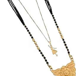 malkyn Women's Gold-Plated Long Mangalsutra with a Detailed Winged Floral Pendant and Black Beaded Chain, Paired with a Dainty Adjustable Charm Necklace for a Layered and Elegant Look-MD-083-picture-18