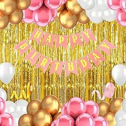 Flyloons Pink Happy Birthday Decorations For Girls Set Of 52Pcs Gold Pink White Balloons,Golden Foil Curtain,Pink Birthday Banner Set For Birthday Decoration Party,Birthday Celebration Kit,Girl Women-image-4