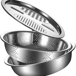 MERISHOPP 3Pcs Stainless Steel Basin with Grater Vegetable Cutter for Potatoes Carrots 30cm| Vegetable Peeler | Stainless Steel | Kitchen Tool-picture-59