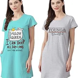 fflirtygo Women’s Cotton Nighty | Printed Knee Length Night Gown |Relaxed Fit Nightwear |Short Nightdress| Long T-Shirt | Sleepwear & Casual Wear Nighty (Pack of 2)-picture-43