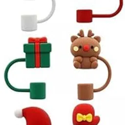 UJEAVETTE 2x6Pcs Xmas Topper Straw Tips Cover Silicone Merry Christmas Straw Covers Caps 10mm-picture-19