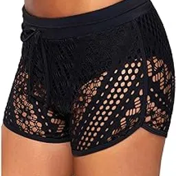 kamviluer Abyelike Women's Hollow Out Lace Swimsuit Bottoms Solid Stretch Shorts Swim Beach Boardshorts (Black A, XL)-picture-24