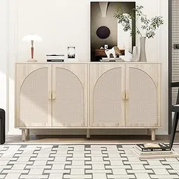 Goldview Furniture Solid Wood 4-Door Storage Cabinet, Sideboard with Metal Handles & Adjustable Shelves for Entryway, Living Room, Study, Hallway, Natural Finish-image-32