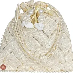 pink treasure Assorted Chikankari Pattern Silk Potli with Moti Handle Royal Batwa Bag Bridal Purse Women clutch handbag-picture-13