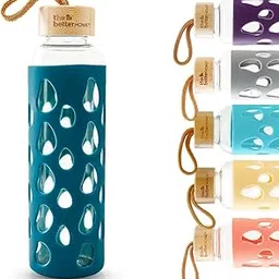 The Better Home Borosilicate Glass Water Bottle with Sleeve (550ml) | Non Slip Silicon Sleeve & Bamboo Lid | Water Bottles for Fridge (Dark Blue)-picture-45