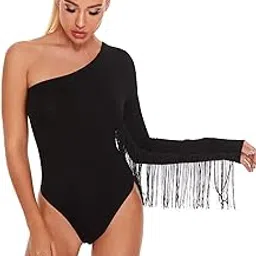 verdusa Women's Fringe Trim One Shoulder Long Sleeve Bodysuit Top-picture-52