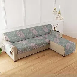 HOKIPO 'VivaCasa Series' Reversible Quilted Sofa Cover for L Shape 5 Seater (3+3 Seater) with SecureFit Belt, Tropical Leaves Pastel Green (IN-870-D1)-picture-31