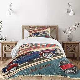 Lunarable Man Cave Bedspread, Vintage Garage Service and Repair Mechanic Fifties Aged Poster Design Retro Design, Decorative Quilted 2 Piece Coverlet Set with Pillow Sham, Twin Size, Slate Blue-picture-33