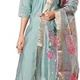 new chapter clothing Women's Silk Blend Kurta Pant Set with Organza Dupatta, Embroidered Straight Cut, Light Blue with Floral Print-picture-40