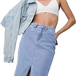 the souled store Denim Skirt: Mid Blue Women and Girls Buttoned Below Knee Length Denim Skirts image 1