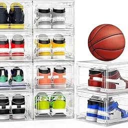 Mitees 10 Pack XX Large Thicken Sturdy Hard Plastic Clear Stackable Shoe Storage Boxes for Size 12, Sneaker Shoe Rack Containers Holders Bins Display Case Organizer for Closet, White Clear-image-6