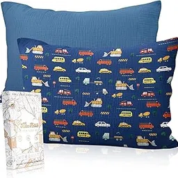 Toddler Pillowcase Set of 2-13x18 Inch Cotton Pillow Cases with Envelope Closure Cute Cartoon Soft Breathable Kids Pillowcases for Baby Boys Girls, Car & Navy Blue-picture-30