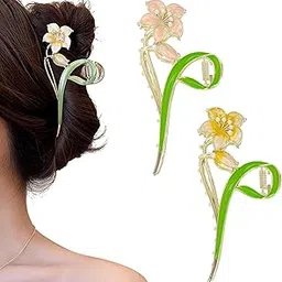 HONEY ACCESSORIES Pack Of 2 Lily Flower Hair Claw Clips Large Metal Floral Hair Clips Hair Accessories For Women Girls,Multi-picture-56