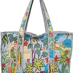 Cotton Printed Tote Bag,Hand Bag Multicolor Quilted Hand Block Floral Printed Women's Carry Bag Shoulder Shopping Tote Bags 18x5.5x16 Inch-image-81