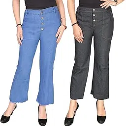 Girl'sHigh-Waist Button Front Denim Jeans, Ankle Length, Light and Dark Blue, Raw Hem Set of 2 (12-16 Years)-picture-14