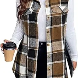 Flannel Vest for Women 2024 Fall Plaid Lightweight Long Fashion Casual Elegant Jacket with Pockets-image-34
