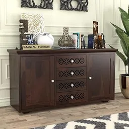 Wooden Sideboard Cabinet with 4 Drawers and 2 Doors Hand-Carved Front Pattern in Walnut Finish, Solid Wood Storage Buffet for Living Room, Dining Room-image-73