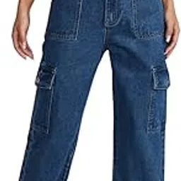 Women Beautiful & Comfortable Non Strachable Casual High-Waisted Cargo Jeans with 6 Pockets Denim Pants Wide Leg Straight Trousers for Women Girls-image-0