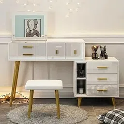 NG Decor Modern White Makeup Vanity Extendable Dressing Table with Drawers & Flip Top Mirror(Stool not incuded)-image-38