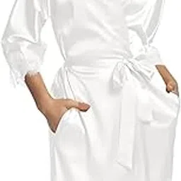 rich lust Women’s Babydoll Silk Short Lace Trim Satin Robe 3/4 Sleeve Kimono Bride Robe Comfy Sleepwear for Wedding Night and Regular use with Pockets image 1