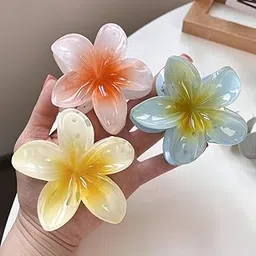 Giggles Boo | Pack of 3 Resin Flower Hair Claw Clips | 8 x 8 cm | Multicolour Plumeria Design | Clutcher for Women and Girls | Multi Colour-image-74