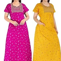 niloufo Women's Cotton Jaipuri Nighty Gown Pack of 2 – Rajasthani Printed Maxi Nightwear with Pocket | Soft Cotton Embroidered Sleepwear & Loungewear for Ladies-picture-10