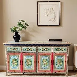 FURNWEAVE Solid Wood Sideboard Cabinet for Living Room | Wooden Sideboard Tv Cabinet for Bedroom | Handcrafted Storage Cabinet with Door and Drawers for Home (Handpainted) image 1