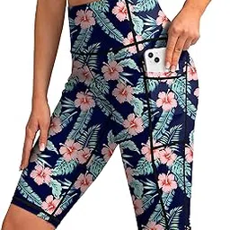 santiny Women's High Waisted Swim Shorts with Pockets UPF50+ Long Board Swimming Shorts for Women with Liner, Navy flower, S-picture-16