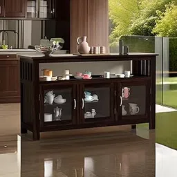 MAHIMA Art & CRAFTT Kitchen Crockery Cabine, Wood Kitchen Cabinet with Glass Door, Kitchen Storage Cabinet, Wooden Chests of Drawers, Sideboard Cabinet for Living Room, Crockery Units, Walnut Finish-picture-28