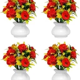 Artificial Red Rose and Yellow Lily Flower Bouquet with White Ceramic Vase, Home Decor (Pack of 4)-image-82