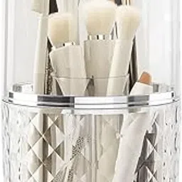 Soko 360° Dustproof Rotating Makeup Brush Set Holder with Lid, Luxury Lipstick/Skin Care Products Storage Box, 6 Slot Vanity Cosmetic Organiser Stand for Desk, Bathroom, Dressing Table - Transparent-picture-10
