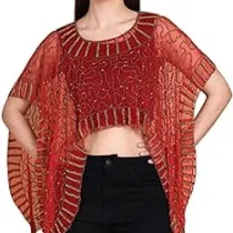 aqsa collection Women's Red Sequin Embroidered Cape Poncho | Stylish Net Shrug Crop Top | Elegant Designer Western Outfit for Party-picture-24