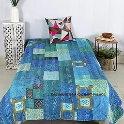 Ravaiyaa - Attitude is everything Kantha Quilt Bedspread Silk Patchwork Kantha Bed Cover Blanket Throw Twin Size Bed Gudari 60"x90" (Turquoise)-picture-11
