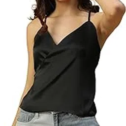 oxolloxo Women Solid V- Neck Shoulder Strap with Criss Cross Back Sleeveless Satin Top-picture-44