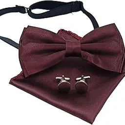 Mens Solid Color Double Fold Pre-tied Bow Tie and Pocket Square Cufflink Set-image-1