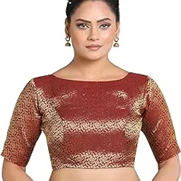 madhu fashion Women's Brocade Elbow Length Sleeve Readymade Saree Blouse-picture-24