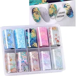s.a.v.i 10 Rolls Nail Foil Transfer Sticker DIY Holographic Nail Decoration, 10 Designs Laser Nail Foil Wraps Decal for Fingernails Women, 4x100CM each roll (#1- Multicolor Marbles Pattern)-picture-35