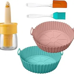 TRONOTO Air Fryer Liners Round Silicone Basket Tray with Handles | Nonstick Reusable Heat Resistant | Airfryer Oven Accessories - Multicolor | Includes Oil Dispenser, 2 Brushes & 2 Trays-image-17
