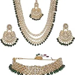 zaveri pearls Green Beads Bridal Kundan Choker & Long Necklace, Earring & Maangtikka Set For Women-ZPFK9793-picture-46