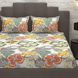 Revive Home Premium Heavy Cotton Elastic Fitted Bedsheets with 2 King Size Pillow Covers || Double Bed with All Around Elastic 350 TC || 72 x 78 x 10 Inch King Size Fitted || :- Cream Big Flower-picture-31