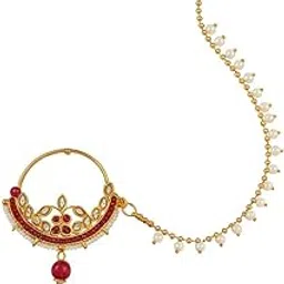 cz stone Traditional Indian Gold Plated Nose Ring with Red Kundan and Beaded Chain-picture-59